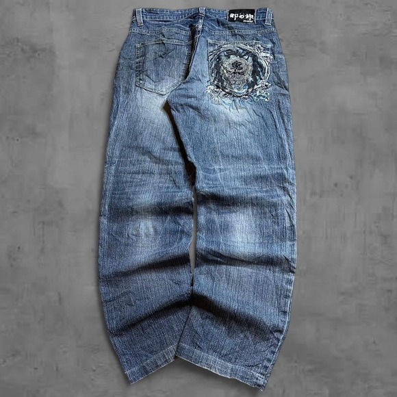 Japanese Embroidered Baggy Y2K Jeans Dragon Graphic Distressed Relaxed Fit